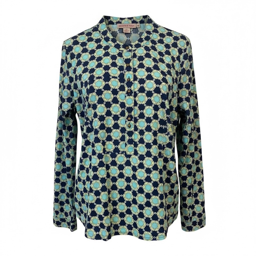 Preppy Nautical Medallion Blouse Vineyard Vines Blue Green Coastal 14